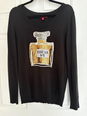 SAKS Women's Black Sequin Perfume Bottle "C'est La Vie" Pullover Sweater M 8-12